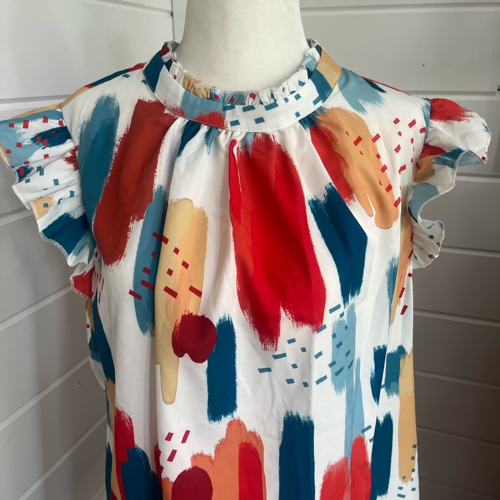 Shein 1X Patterned Blouse, with ruffle collar & sleeves, EUC
